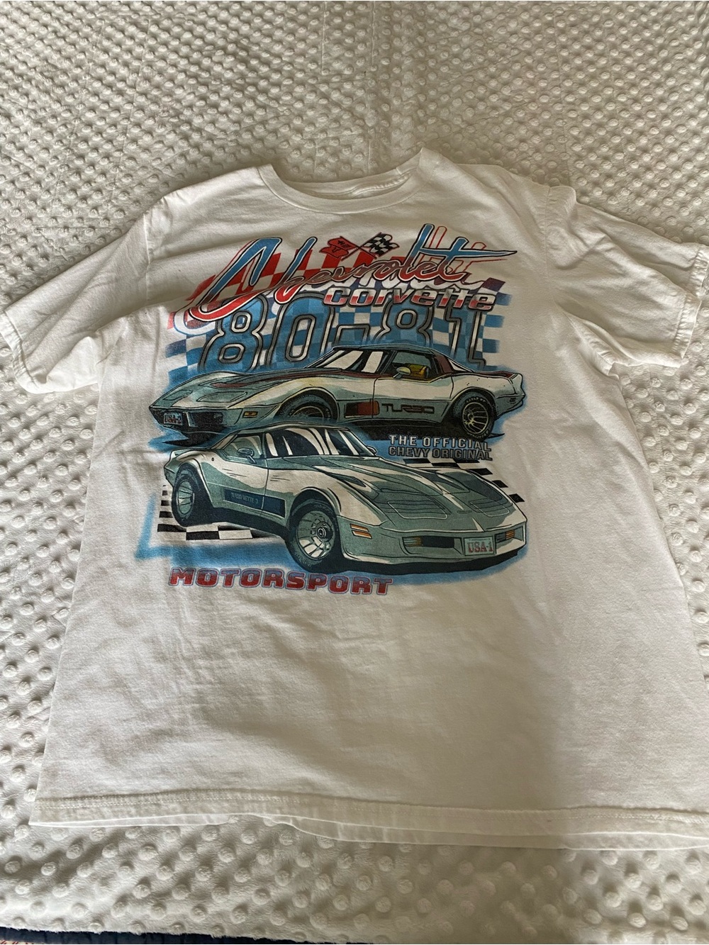 Chemistry White Corvette Motorsport Graphic Tee with Blue & Red Accents